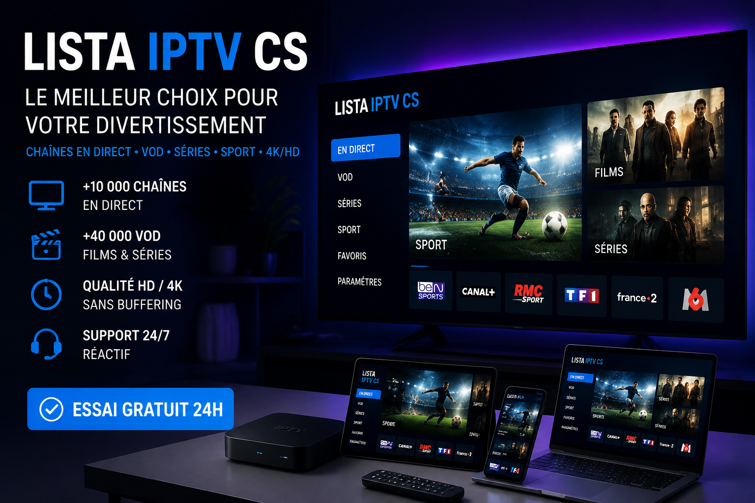 Interface da Lista IPTV CS mostrando canais premium em HD e opções de VOD